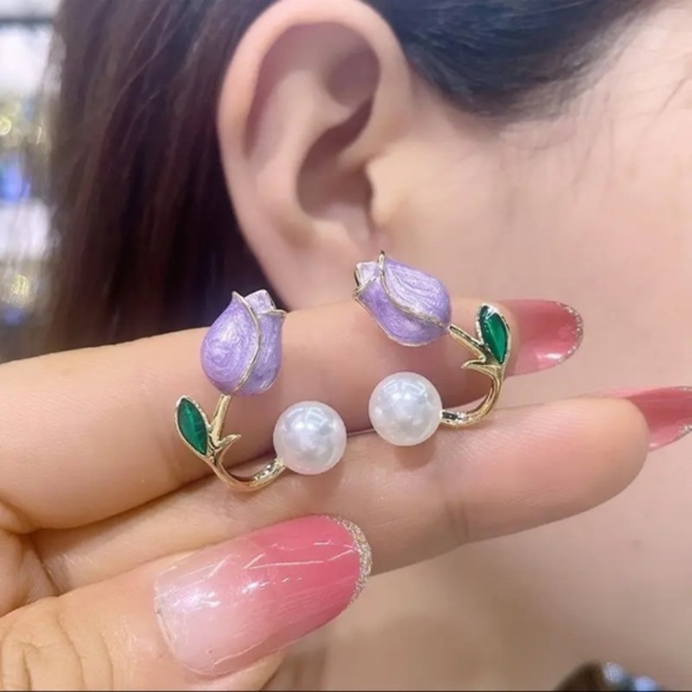 Purple Enamel Rose Flower & Faux Pearl Gold-Tone Earrings NWT